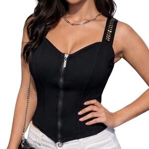 Carmin Women's Y2K Zip Front Trendy Chic Top Corset Tank Top Black Size Small